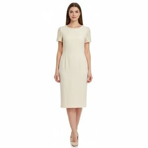 Donna Morgan Midi Dress Womens Size 6 Cream Sheath Pearl Beaded Elegant Cocktail